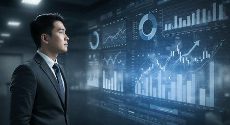 Portrait of young businessman looking at virtual panel with graphs and diagramsの素材