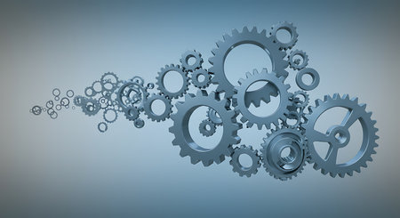 Gears and cogs on grey background. 3D rendering.の素材