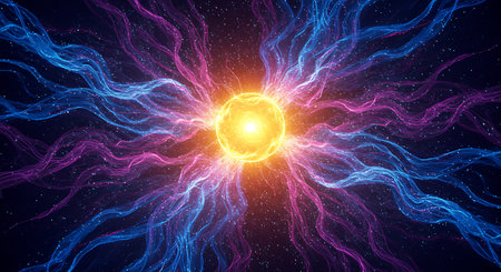 3D illustration of a bright sun in the dark sky with lightningの素材