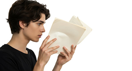 Young man reading a book. Isolated on a white background.の素材