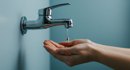 Woman washing her hands with soap under the tap. Hygiene conceptの素材