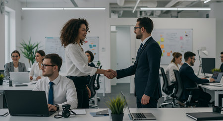 Businessman and businesswoman shaking hands in modern office. Business people shaking hands, finishing up a meeting.の素材