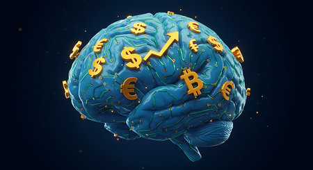 3d rendering of a human brain with currency symbols on blue backgroundの素材
