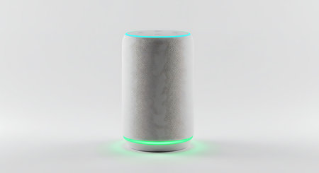 3d rendering of a white speaker on a white background with green lights.の素材