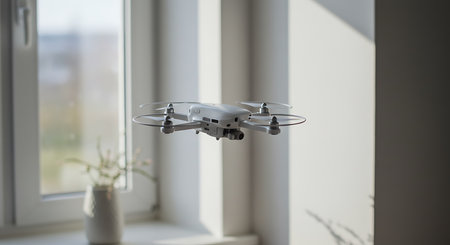 Drone with digital camera flying over the window. 3d renderingの素材