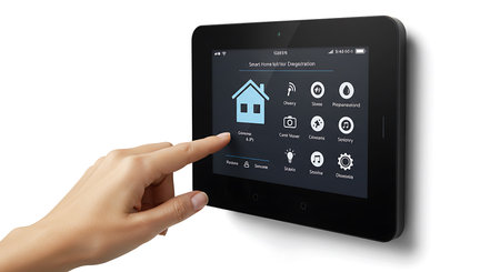 Smart home control system on a modern touch screen tablet computer with handの素材