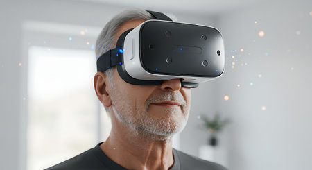 Senior man wearing virtual reality goggles. 3d rendering toned imageの素材