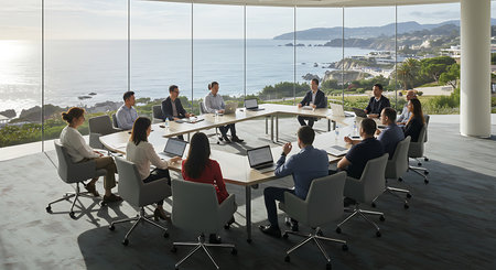 Glass of water and a hard hat on a black stone table.の素材