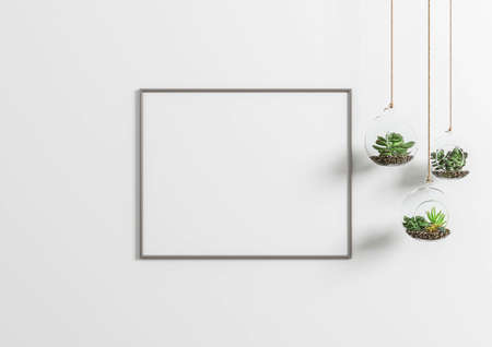 Horizontal 8x10 Metal frame mockup. Metal frame poster on a white wall with plants. 3D illustrations