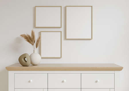 8x10 Wooden frame mockup. Wooden frame poster on a white wall and decorations. 3D illustrations