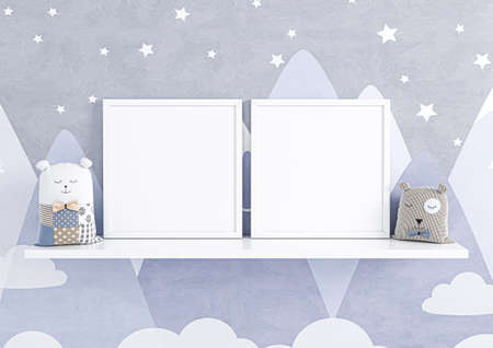 Double 10x10 Square White Frame mockup on blue wallpaper for nursery kids room. Frame mockup on...