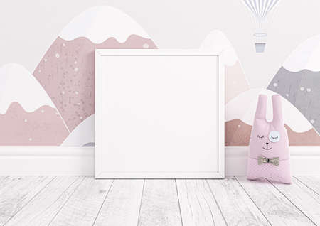 Single square white frame mockup for nursery or kids room on white wooden floor with toy. Children room nursery mockup frame poster on a pink wallpaper. 3D Rendering.の写真素材