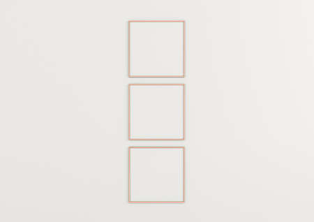 Triple 10x10 Square Rose Gold Frame mockup on white wall. 3D Rendering.の写真素材