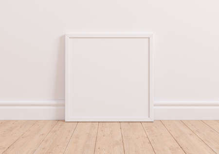 Single 10x10 Square White Frame mockup on wooden floor and white wall. 3D Rendering.の写真素材