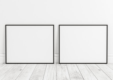 Double 8x10 Horizontal Black Frame mockup on white wooden floor and clean whitewall. 3D Rendering.の写真素材