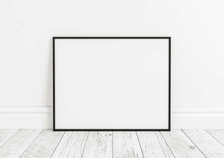 Single 8x10 Horizontal Black Frame mockup on white wooden floor and clean whitewall. 3D Rendering.の写真素材