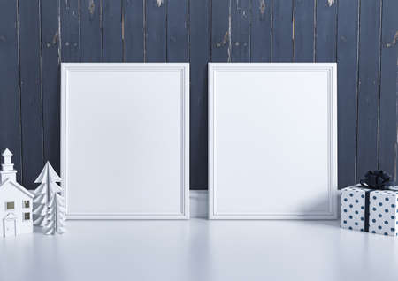 Double 8x10 Vertical White Frame mockup with Christmas decorations on white shelf and blue rustic...