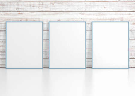Triple 8x10 Vertical Blue Frame mockup on white glossy floor and rustic wooden white wall behind it. Empty picture frame mockup on white glossy floor and rustic wooden white background. 3D Rendering.の写真素材