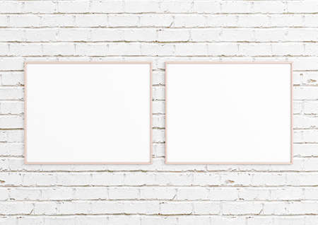 Double 8x10 Vertical Pink Frame mockup on white brick wall. Empty picture frame mockup on white brick background. 3D Rendering.の写真素材
