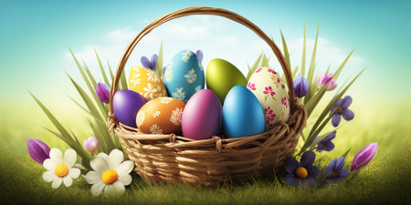 Easter eggs in basket on green grass background. 3d illustrationの素材