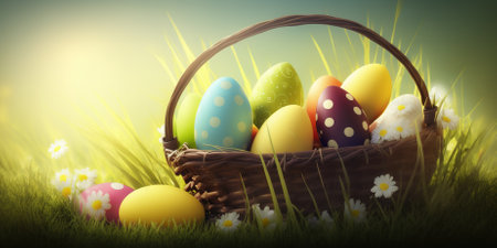 Easter eggs in a basket on green grass with daisiesの素材