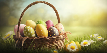 Basket with easter eggs on green grass with daisiesの素材