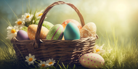Easter eggs in a basket on green grass with daisiesの素材