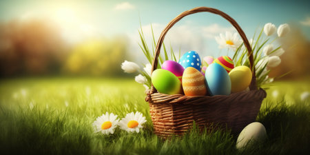 Basket with easter eggs on green grass. Easter background.の素材