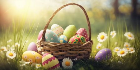 Easter eggs in a basket on the grass. Easter background.の素材