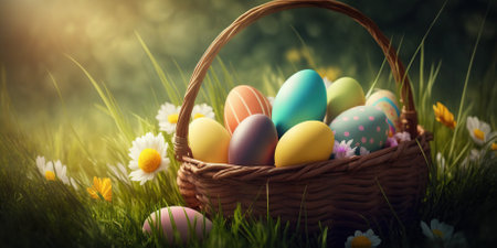 Basket with easter eggs on green grass with daisiesの素材