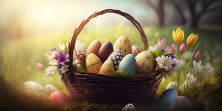 Easter eggs in a basket on a green grass with flowers.の素材