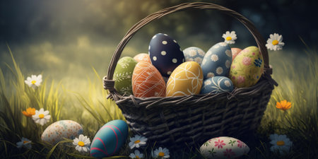 Easter eggs in a basket on a green grass background with flowersの素材