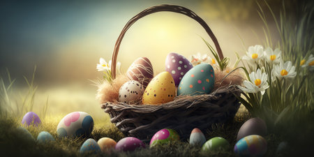 Easter eggs in a basket on a green grass with flowers.の素材