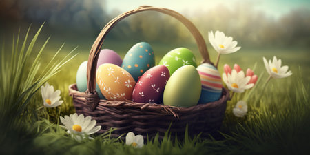 Easter eggs in basket on green grass with flowers, 3d renderの素材