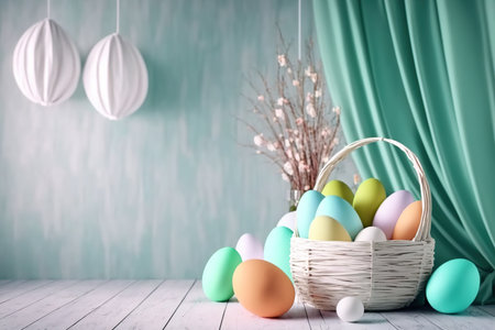 Basket with easter eggs on wooden floor and turquoise wall. Modern interior room with draped easter decoration. Space for textの素材