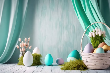Easter eggs in basket with tulips on wooden floor in front of turquoise wall. Modern interior room with draped easter decoration. Space for text.の素材