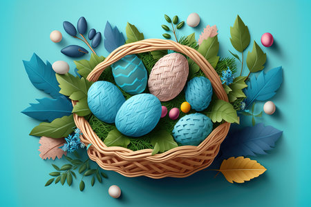 Easter basket with eggs and leaves. Happy Easter greeting card. Copy space.の素材