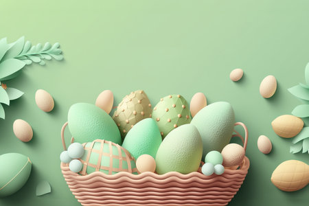 Easter eggs in wicker basket on green background. Happy Easter greeting card. Copy space.の素材