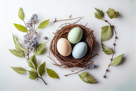 Easter eggs in a nest with branches and leaves on a white background, flat lay, Easter decoration, greeting, happy Easterの素材