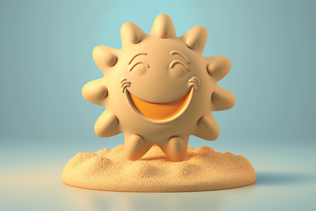 3D cute happy sun sculpture with a smiley face 3d style plasticine clay dough cartoon illustrationの素材