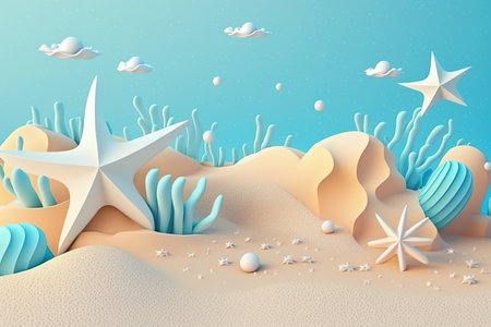 3D beach scene background with starfish and seashells. Plasticine clay dough illustration for kidsの素材
