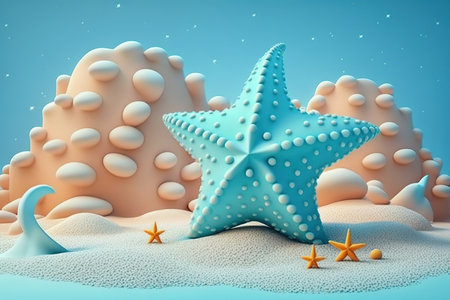 3D beach scene background with starfish and seashells. Plasticine clay dough illustration for kidsの素材