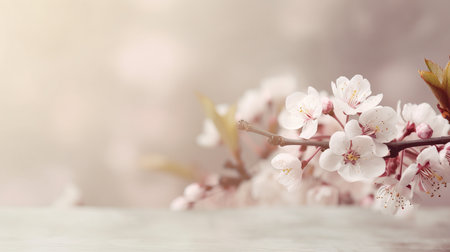 Cherry blossom, blooming cherry branches background with copy space, spring time, generative aiの素材