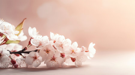 Cherry blossom, blooming cherry branches background with copy space, spring time, generative aiの素材
