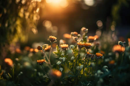 Flowers in the meadow at sunset. Beautiful natural background, bokeh lights, summer moodの素材