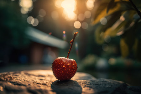 Ripe red cherry on a stone in the garden. Selective focus, bokeh. Summer moodの素材