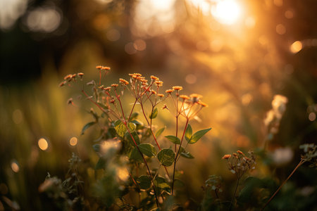 Wild flowers in the meadow at sunset. Selective focus, bokeh. Summer backgroundの素材