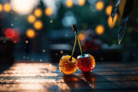 Cherries with drops of water on a wooden table, morning dew and water drops, summer conceptの素材