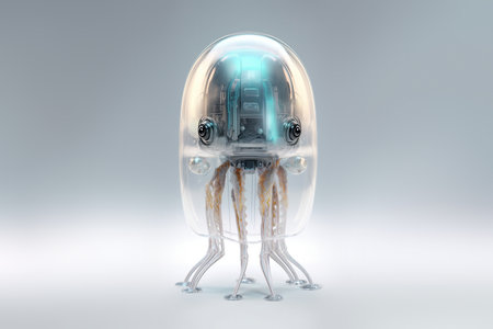 Cybernetic cute jellyfish robot with transparent glass body, 3D style digital illustrationの素材