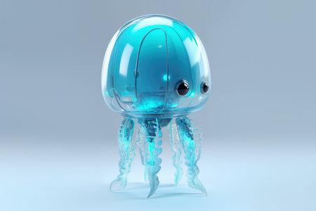 Cybernetic cute jellyfish robot with transparent glass body, 3D style digital illustrationの素材